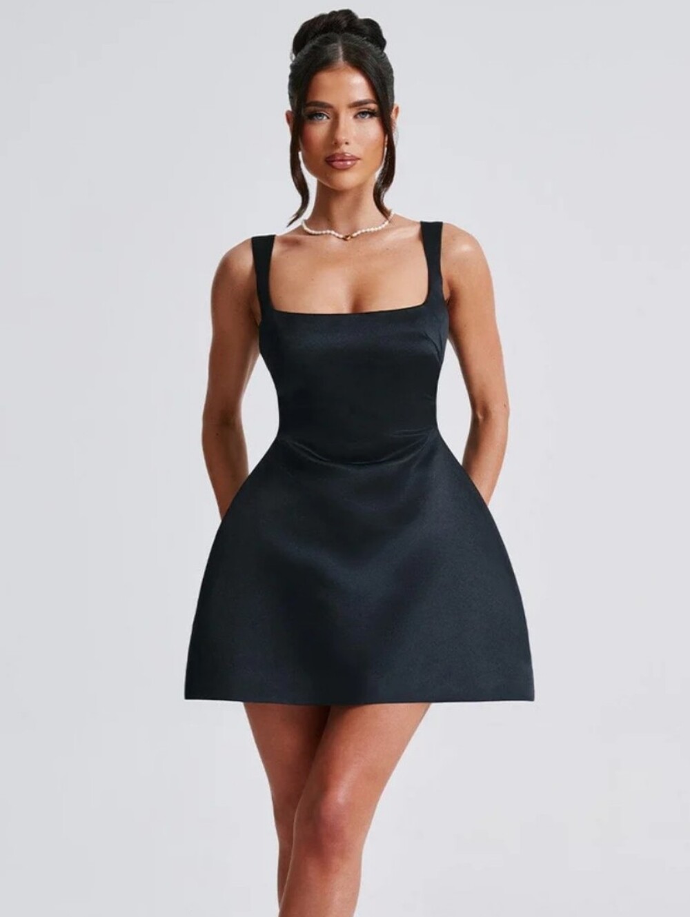 Babyboo Sleek Black Satin Mini Dress with Square Neck